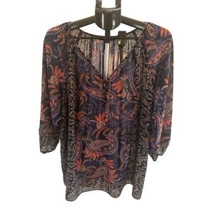 LOFT Outlet Women's Sheer Peacock Feather Print Blouse W Matching Scarf Size L
